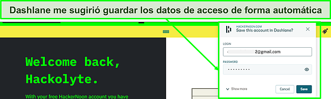 Captura de pantalla de la función de guardado automático de Dashlane en uso.