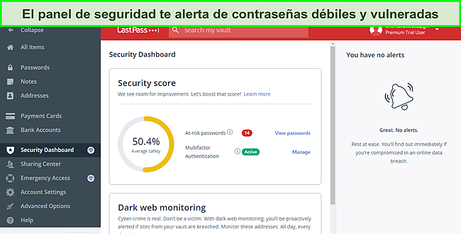 Captura de pantalla del panel de seguridad de LastPass.