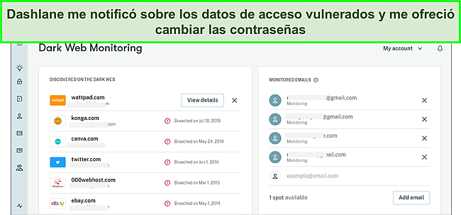 Captura de pantalla del monitor web oscuro de Dashlane.