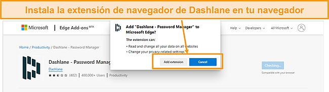 Captura de pantalla de la instalación de la extensión del navegador de Dashlane.