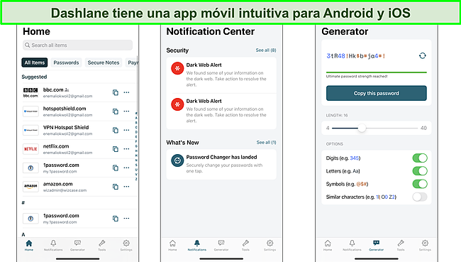 Captura de pantalla de la interfaz de la aplicación móvil Dashlane.