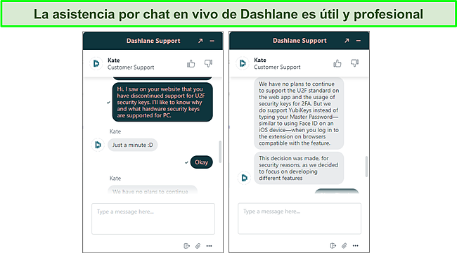 Captura de pantalla del soporte de chat en vivo de Dashlane.