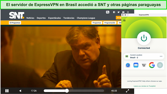 Captura de pantalla de la transmisión de un programa paraguayo en SNT usando el servidor de ExpressVPN en Brasil