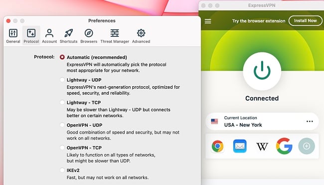 Screenshot of ExpressVPN on Mac showing available protocols Captura de pantalla de ExpressVPN en Mac que muestra los protocolos disponibles