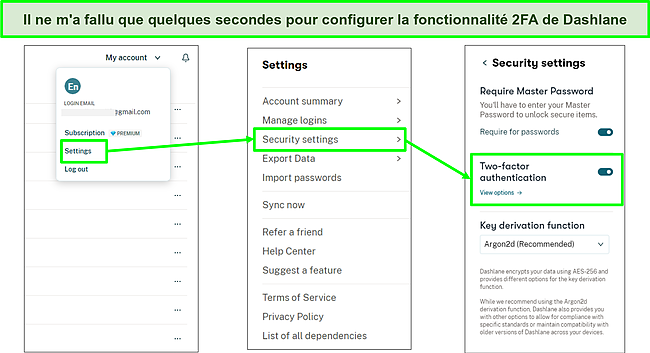 Capture d'écran de l'activation de la fonctionnalité 2FA de Dashlane.