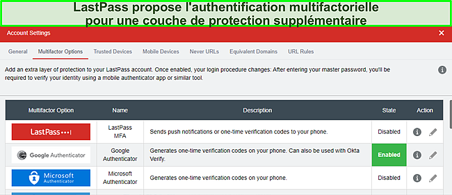 Capture d'écran de la page de configuration de LastPass Authenticator.