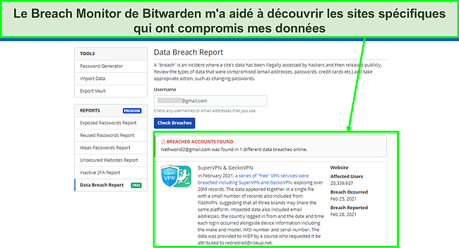 Capture d'écran du moniteur de violation de Bitwarden.