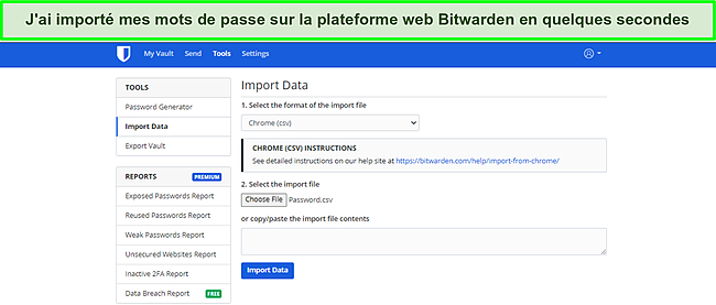Capture d'écran de l'importation de données Bitwarden.