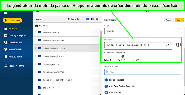 Capture d'écran du générateur de mots de passe Keeper.