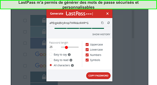 Capture d'écran du générateur de mot de passe LastPass.