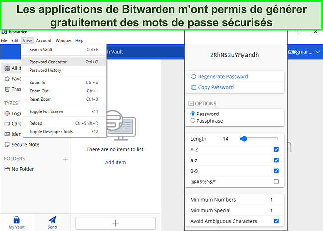 Capture d'écran de Génération de mots de passe sur Bitwarden.