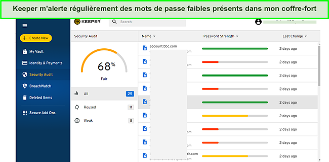 Capture d'écran de la fonction d'audit de sécurité des mots de passe Keeper.