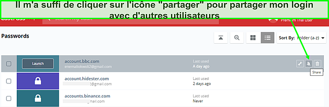 Capture d'écran du partage de mot de passe LastPass.