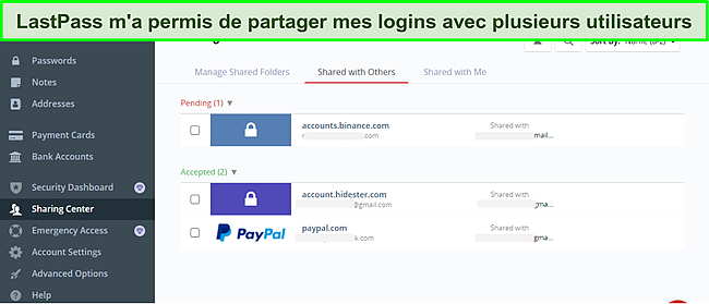 Capture d'écran du centre de partage LastPass.