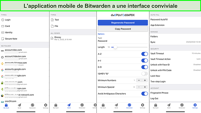 Capture d'écran de l'interface de l'application mobile Bitwarden.