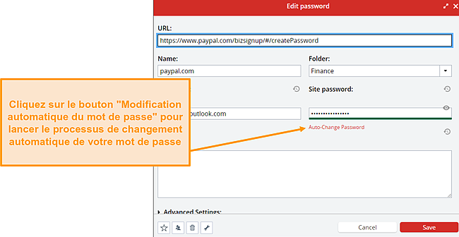 Capture d'écran du bouton de changement automatique de mot de passe LastPass.