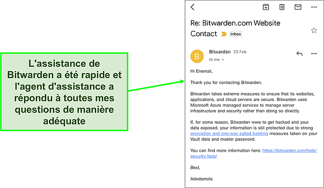 Capture d'écran du chat par e-mail de l'assistance Bitwarden.