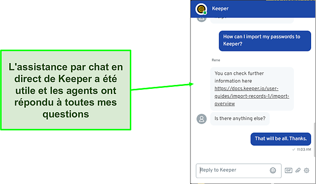 Capture d'écran de l'assistance par chat en direct de Keeper.