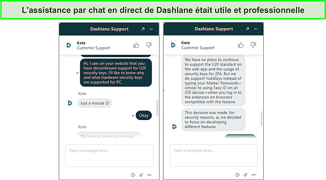 Capture d'écran de l'assistance par chat en direct de Dashlane.