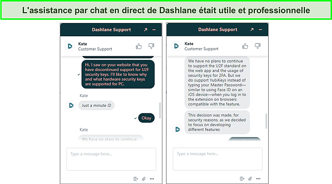 Conversation avec l'assistance par chat en direct de Dashlane.