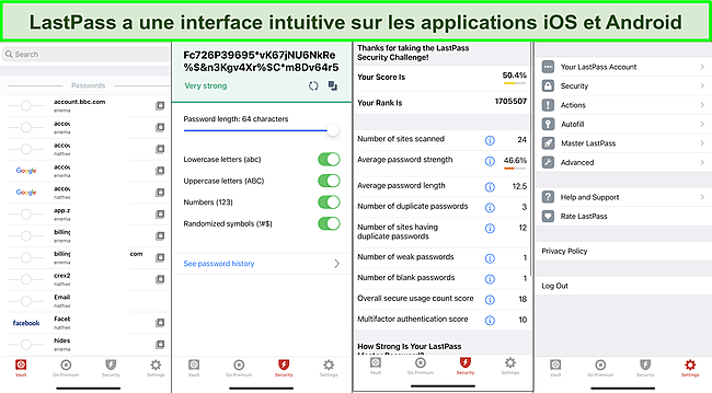 Capture d'écran de l'interface de l'application iOS LastPass.