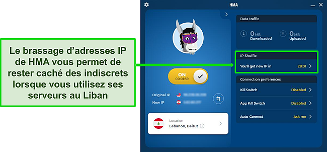 Capture d'écran de la fonctionnalité IP shuffle de HMA lorsqu'elle est connectée à un serveur au Liban.