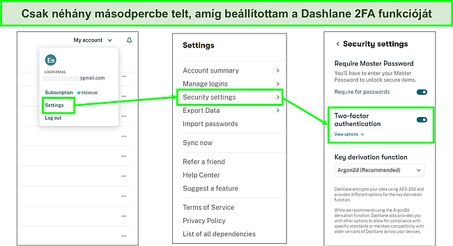 Képernyőkép a Dashlane 2FA funkciójának aktiválásáról.