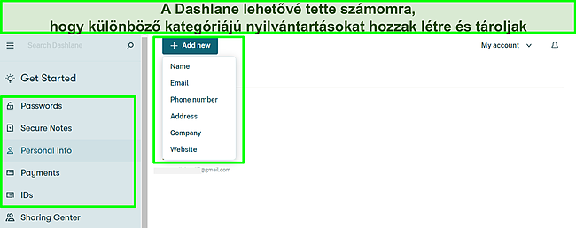 Képernyőkép a személyes rekordok felvételéről a Dashlane tárolómhoz.