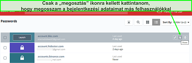 Képernyőkép a LastPass jelszómegosztásról.