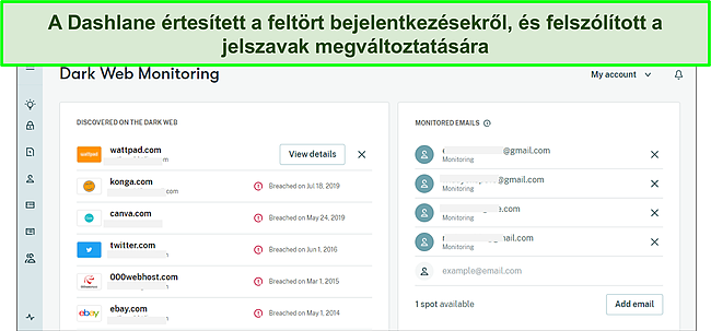 Képernyőkép a Dashlane sötét webmonitoráról.