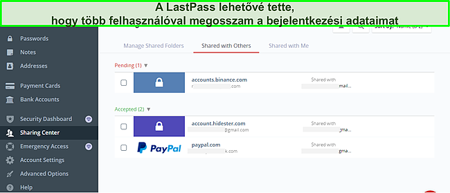 Képernyőkép a LastPass megosztó központról.