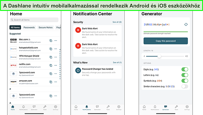 Képernyőkép a Dashlane mobilalkalmazás felületéről.