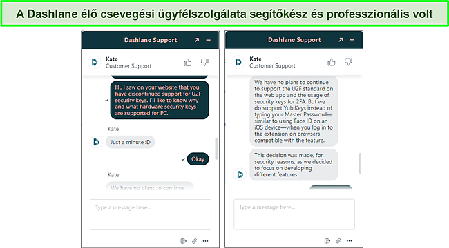 Képernyőkép a Dashlane élő chat támogatásáról.