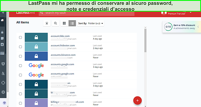 Screenshot del caveau LastPass.