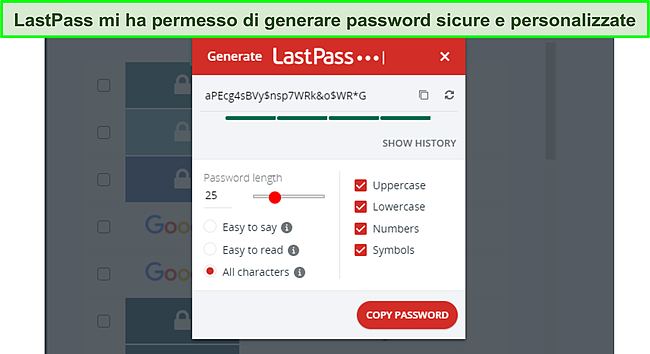 Screenshot del generatore di password LastPass.