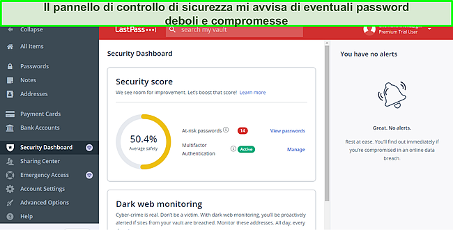 Screenshot del dashboard di sicurezza di LastPass.