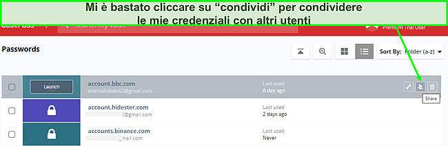 Screenshot della condivisione della password LastPass.