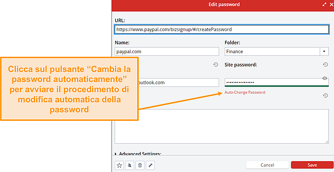 Screenshot del pulsante di modifica automatica della password di LastPass.