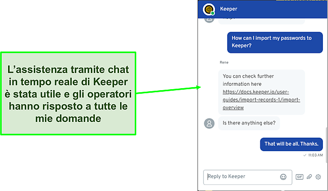 Screenshot del supporto della chat dal vivo di Keeper.