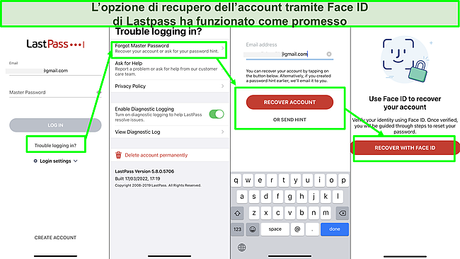Screenshot dell'opzione di recupero dell'account Face ID di LastPass.
