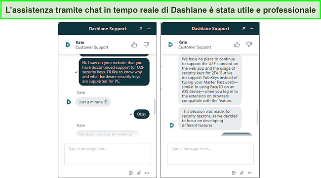 Screenshot del supporto della chat dal vivo di Dashlane.