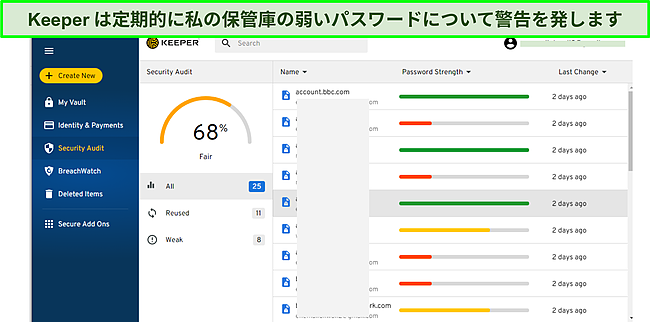 Keeperパスワードセキュリティ監査機能のスクリーンショット。