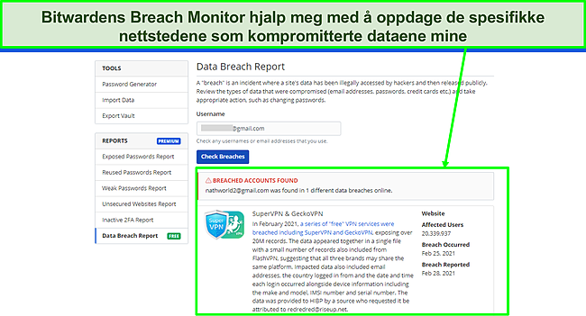 Skjermbilde av Bitwardens Breach Monitor.