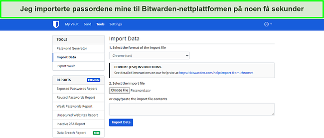 Skjermbilde av Bitwarden-dataimport.