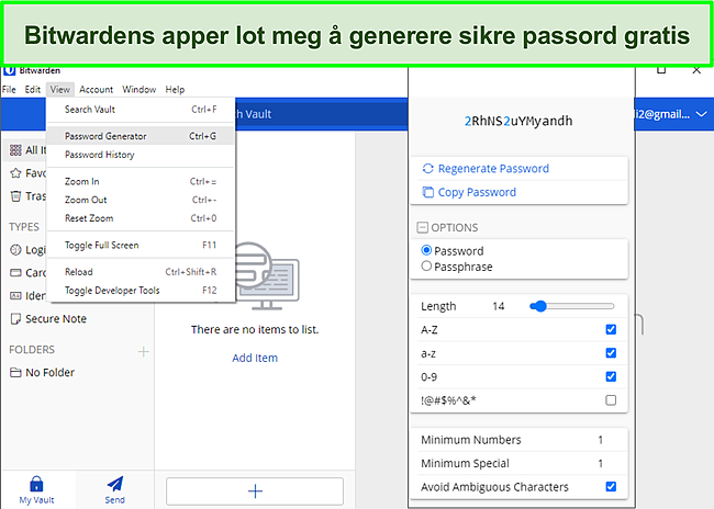 Skjermbilde av å generere passord på Bitwarden.