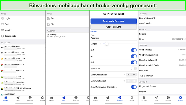 Skjermbilde av Bitwarden mobilapp-grensesnitt.