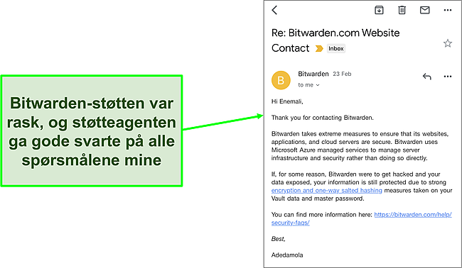 Skjermbilde av Bitwarden support e-postchat.