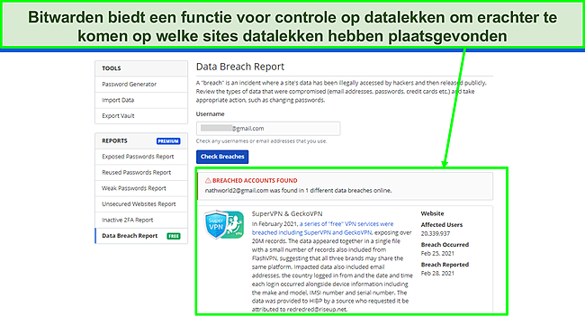 Screenshot van Bitwarden's Breach Monitor.