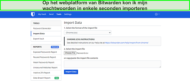 Screenshot van Bitwarden-gegevensimport.