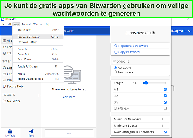 Screenshot van het genereren van wachtwoorden op Bitwarden.